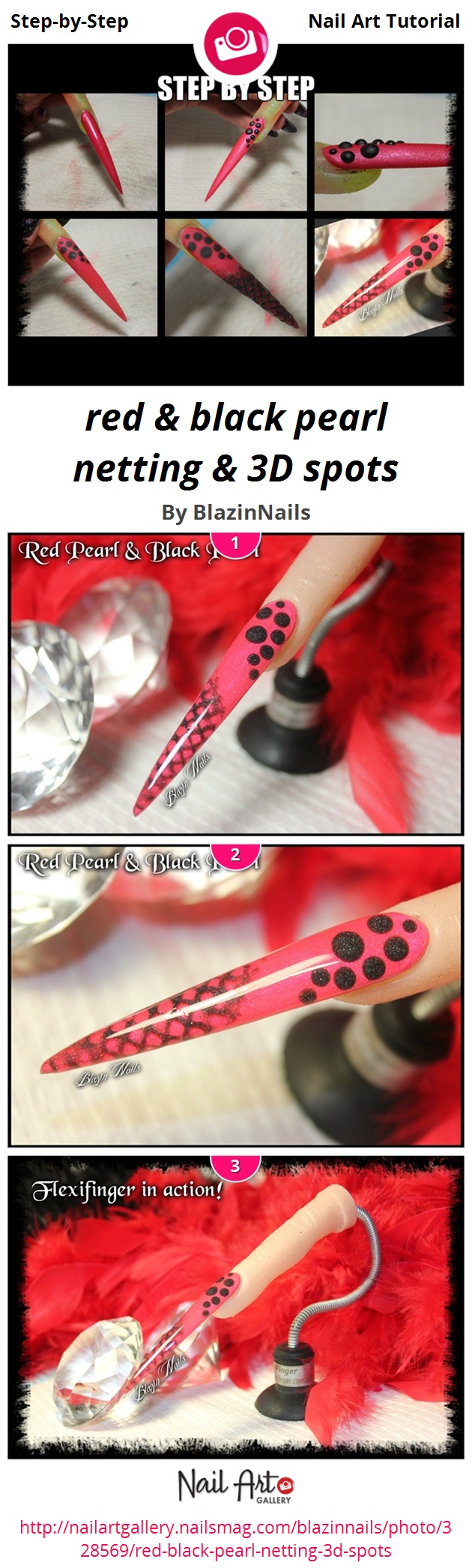 red & black pearl netting & 3D spots - Nail Art Gallery