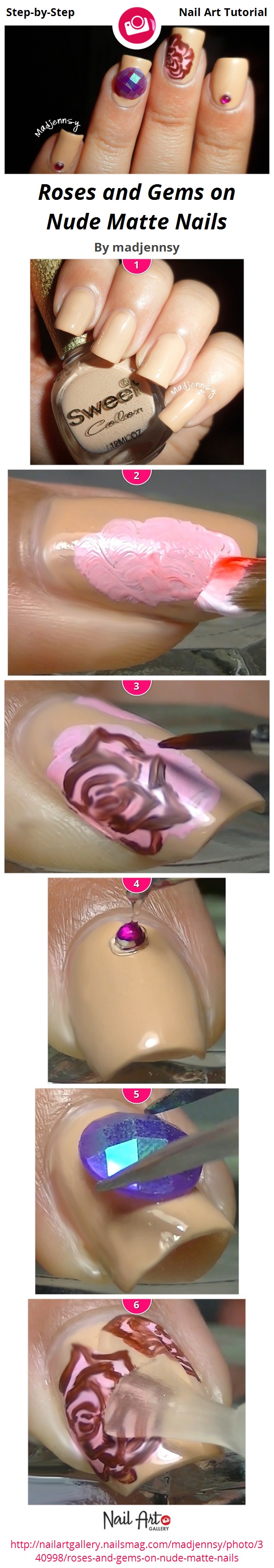 Roses and Gems on Nude Matte Nails - Nail Art Gallery