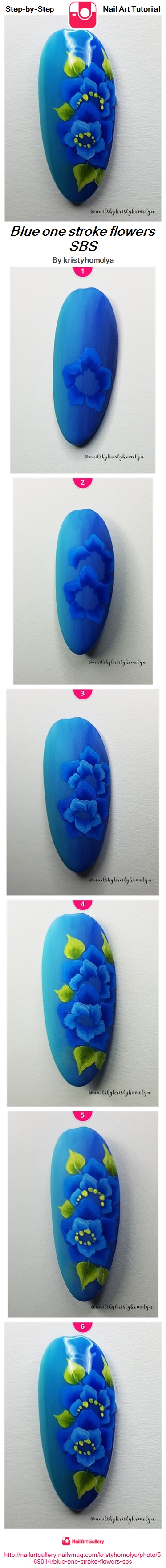 Blue one stroke flowers SBS - Nail Art Gallery