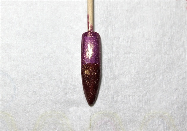 For the base of the nail tip, I used custom blended colors of CND Shellac to paint the top half purple, the bottom a rust, cured in a UV lamp, then applied VIP Gold Status over the whole nail and cured again.