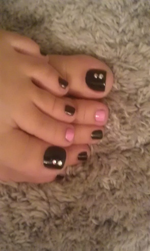 Black &amp; Pink Pedi with Crystals