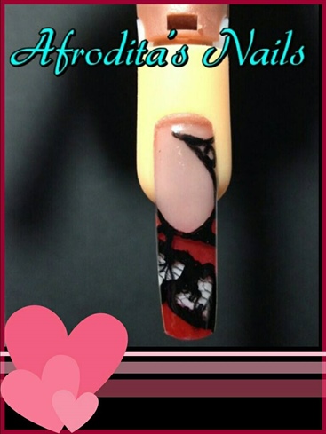 acrylic nails, red and black, laces