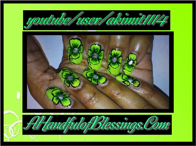 Natural Nails: Bright Green Floral Nails