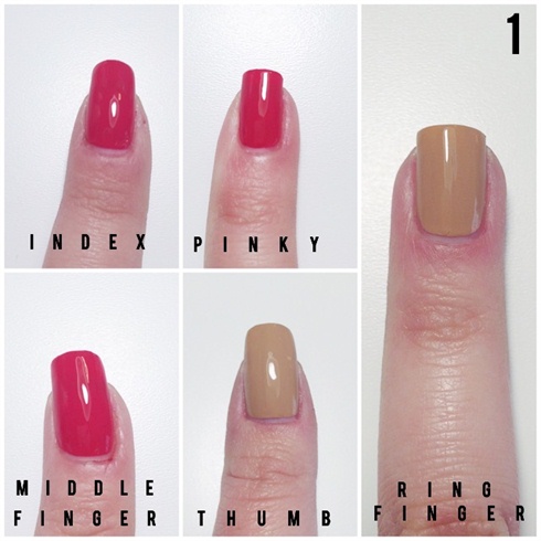 Apply a red nail polish on your index, pinky and middle finger.\nApply a nude nail polish on your thumb and ring finger.