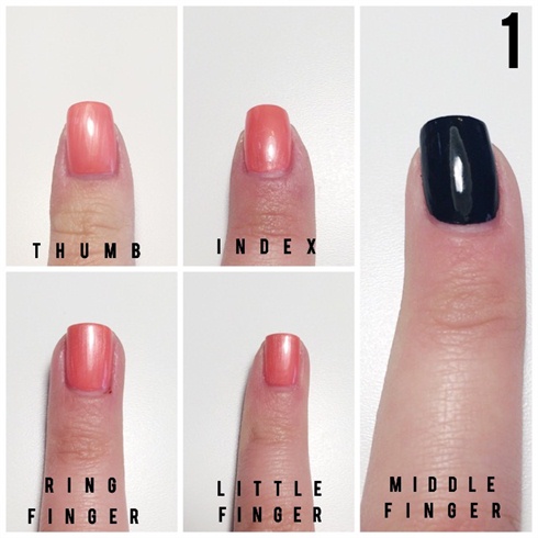 Apply a coral polish on your thumb, index, ring finger and little finger.\nApply a black polish on your middle finger