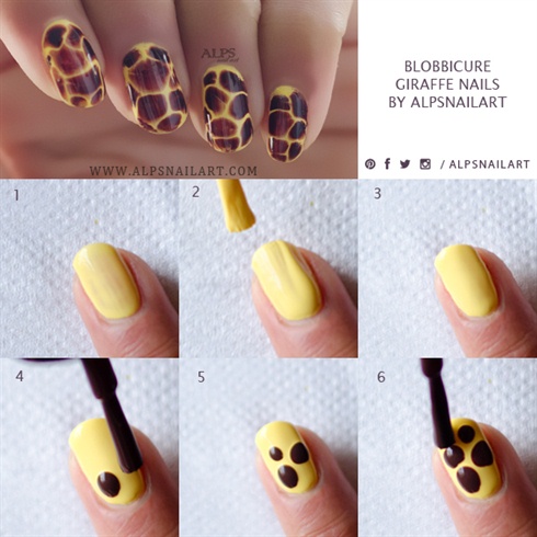 Steps:\n-Apply Yellow nail polish. let it dry.\n-Apply thick coat of yellow nail color.\n-Drop blobs of brown nail polish over wet yellow base color. To create small and large pebble shapes, place the next blobs at various distances.\n-Once its dry, you can seal the design with top coat.