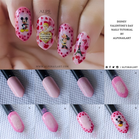 \tHere is Step by step for Disney Valentines day nails / Oval gradient nails tutorial:\n\t1. Apply lightest shade of pink as base.\n\t2. Take small amount of first light pink nail polish on sponge.  Dab the sponge  at the center of the nail in oval shape.\n\t3. Dab second light pink color around first color. ( leaving some base color in center but overlapping first color  towards outer frame of nail.)\n\t4. Similary, Dab darker shade of pink on the outer frame on nail. (Overlapping second color outline.)\n\t5. Repeat 2,3 and 4. \n\t6. Apply quick dry top coat. Add glitter top coat.\n\t7. With the help of a toothpick, add red dots on outer frame.\n\t8. Add Mickey water decal in the center. Top coat to seal the design. \n