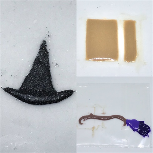 For the 3d elements I started off with the basic shapes. \nThe witches hat I used black acrylic.\nFor the spell book and broom I mixed colored gel with acrylic together so I could make it almost a 3d gel like consistency to make it easier for me to manipulate into the shapes I wanted. \nOnce they looked how I wanted them to I cured in the UV light. 