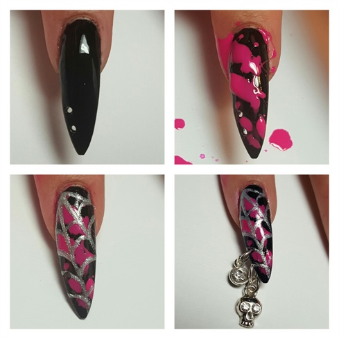 I began by using a nail piercing bit to drill two holes in the side of the nail.  Then did two coats of black polish.  I thinned down the neon pink polish and splattered it across the nail.  Then using a metallic silver polish and a striper brush I painted on the spider web.  The final touch were adding the two charms through the holes created at the beginning. 