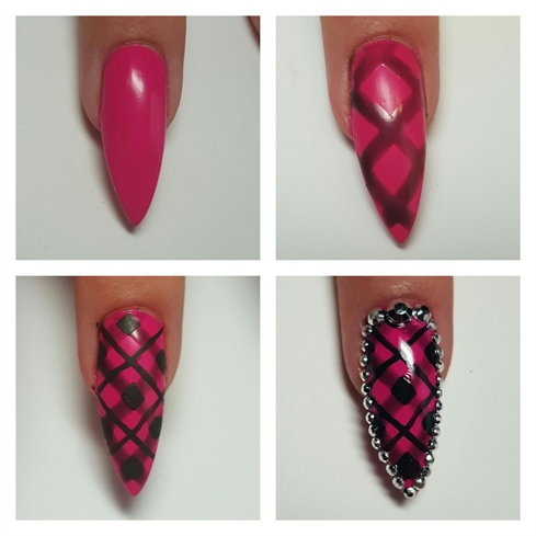 I started with a hot pink polish and let that dry.  I then made a mix of black and clear gel polish to create the thick transparent black lines.  Then added the rest of the black details with black acrylic paints and finished with a border of silver studs. 