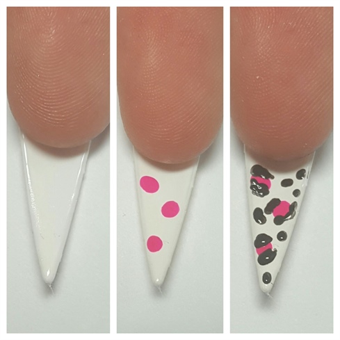 The underside is a simple, complementary cheetah print.  I began with a white polish, then made small dots of the hot pin used on other nails and then added the black spots with acrylic paints. 