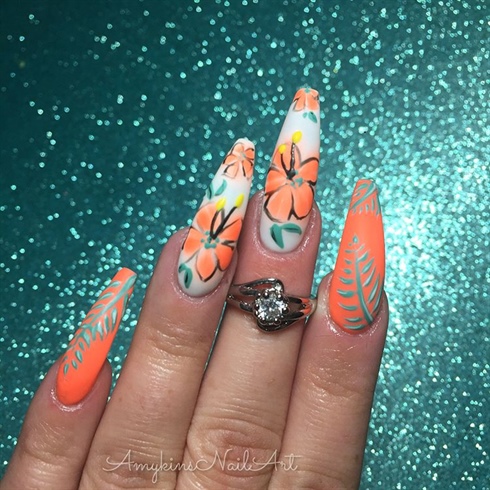 Coral Flowers and Palm Leaves