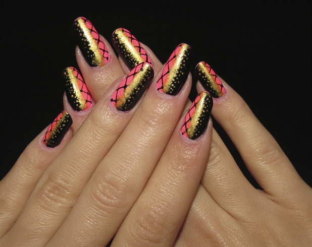 Pink Black Gold lace nail art