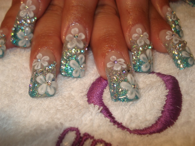 silver, blue and 3d flowers.