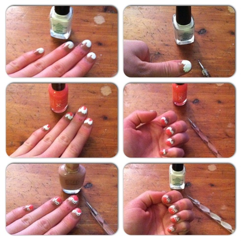 Then, using white polish, create two domes shaped like the top of a heart and connected in the center. Use a small dotter to add dots to top of domes. Next, use pink polish to brush a second set of smaller domes on top of white polish. Use small dotter to add pink dots to top of domes.