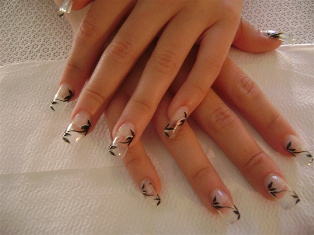 Clear Nails With Black Flowers