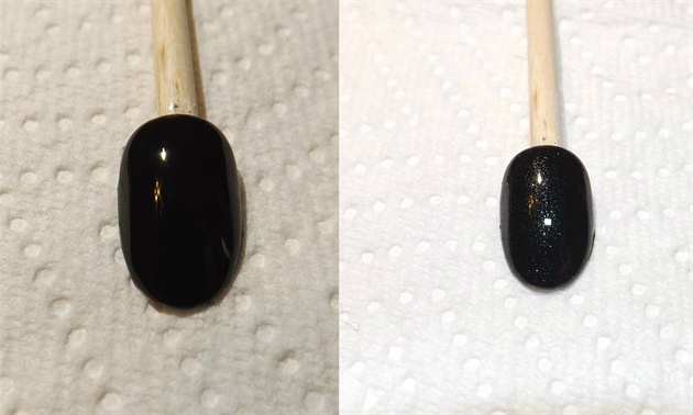 Begin with a prepped nail. Apply gel polish basecoat and two coats of a black gel polish.