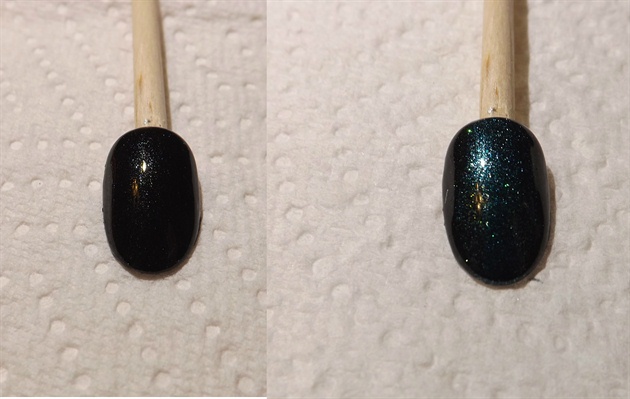 Using a dark green shimmer gel (like Entity 1 Color Couture in Sea Me On The Marquee) apply a thin coat across the nail, leaving the sidewalls black. Apply a second coat just to the center third of the nail.