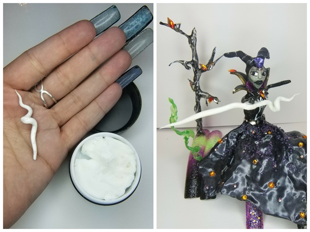 -\tUsing lace paste to roll a small bead with your fingers to create a string, curl using your fingers and cure in your led lamp, take another small bead and again roll into a string, attach this to your spiral and cure. Attach staff to Maleficent using hard gel. 