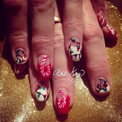 Christmas Lights And Candy cane Nails