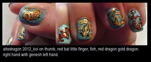 Koi, bat, dragons, goldfish [right hand]