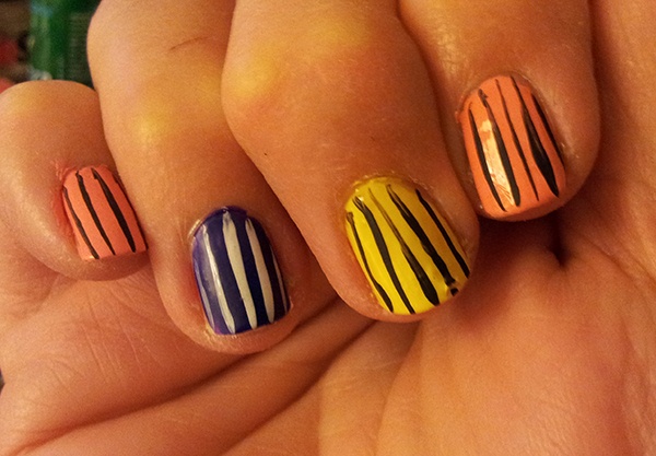 Do this on all your nails. You can alternate with black and white stripes too. [other colors your choice]