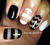 black, white, and clear nail design