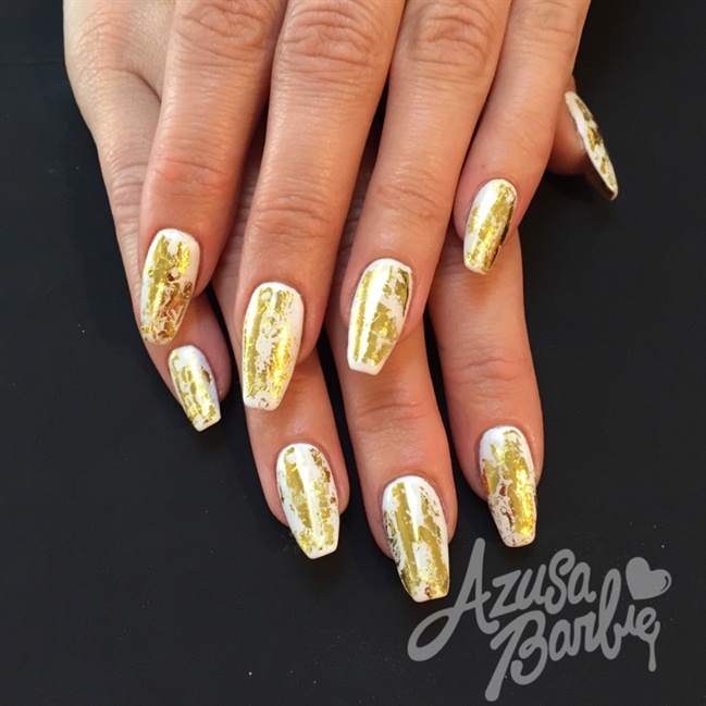 Gold Foil On White Nails - Nail Art Gallery