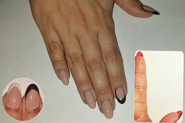 On the right hand, using a black or charcoal gel-polish ( I used Overtly Onyx), paint a french in the same shape as you painted on the left, but only on the index and thumb. Cure.