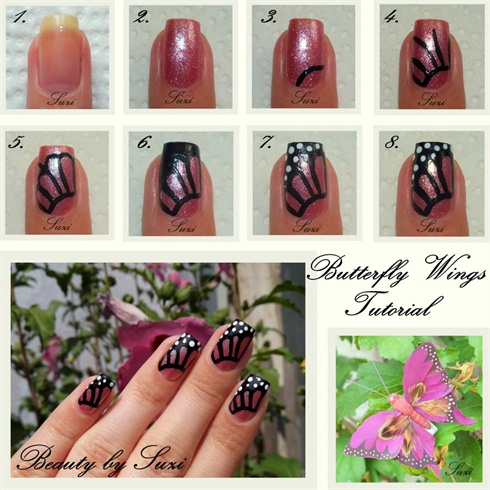 1. Apply a base coat.\n2. Apply select nail polish and let it dry.\n3. Paint an arc with nail art brush.\n4. Then paint some stripes...\n5. ... and connect them with small arcs.\n6. Paint black a tip of the nail and let it dry.\n7. Make some dots on the black part and let it dry.\n8. Apply a top coat.