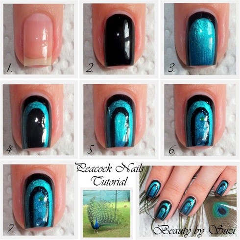 1. Apply a base coat to protect your nails.\n2. Apply two coats of black nail polish for full coverage.\n3. Paint an U-shape with blue nail polish but don´t paint exactly to the border of nail.\n4. Repeat previous step with black...\n5. ... and also with blue nail polish.\n6. Apply a glitter nail polish on the last blue (or also black) coat for the bright.\n7. Apply a top coat.