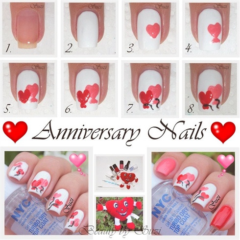  1. Apply s base coat.\n2. Apply a white nail polish in two coats and let it dry.\n3. Paint heart shape with the biggest dotting tool.\n4. Paint a bottom of the heart baloon with the smaller dotting tool.\n5. & 6. Repeat the previous two steps.\n7. Paint tha black laces with thin nail art brush.\n8. Apply a top coat.