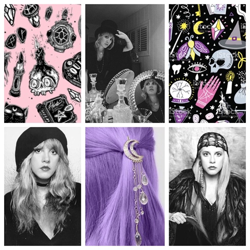 Research is the first step in creating original designs! I spent two days researching my witch and decided to go with Stevie Nicks and her witchy style. The above mood board served as my guide through the design process. **HELPFUL HINT: When researching, I always look for details in clothing and accessories. I see an element I like in the clothing, and incorporate this into my nail design. For example, as you can see in my final nail design, I incorporated elements from the moon hair accessory shown in the mood board. If you can train yourself to use this research technique rather than looking at Pinterest nail art boards for nail inspiration, you will be coming up with original nail art in no time! 