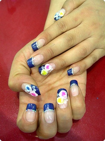 Navy Blue french Tips with Colorful Rose