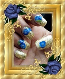 Gold Nail Art With Blue Flowers 