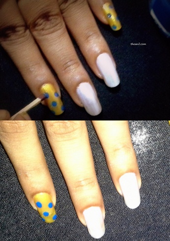 To make rose nails more interesting make bigger dots on yellow nails using blue paint with matchstick .