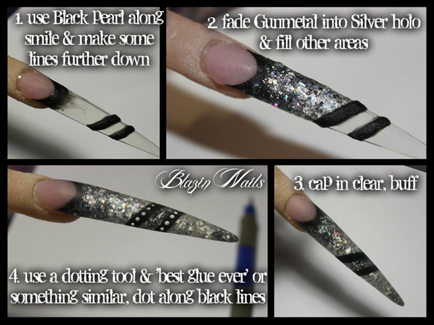 you can do this same design on different shaped nails just shorten the silver area & make the lines closer to the nail bed
