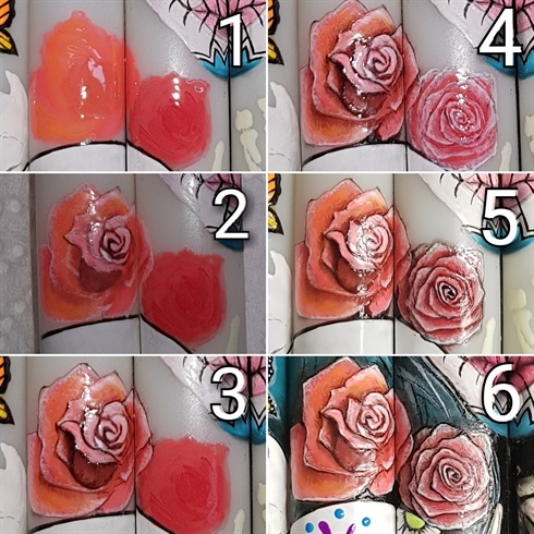 ROSES: I have used coral as base, then added white shadows, gently lined them black with final black shadows.