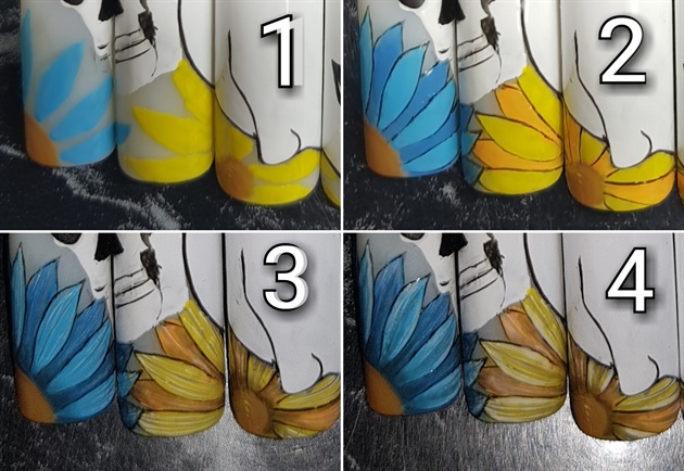 FLOWERS UNDER SKULLS: I have painted 2 same flowers, first petals are dark and light blue, and second are dark and light yellow. I have lined them black, adding some shadows ( darker for inner petals, and lighter for outer petals).