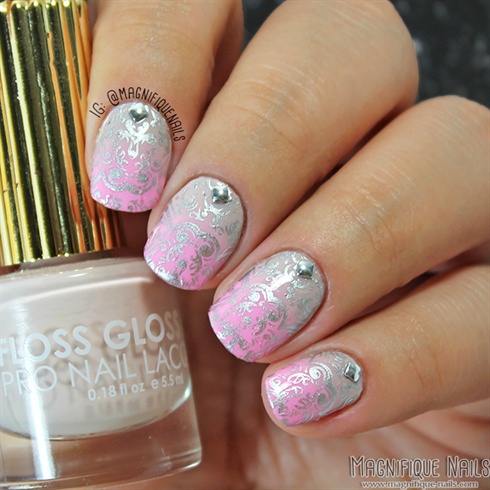 Pink &amp; Silver Arabesque Stamping Nails