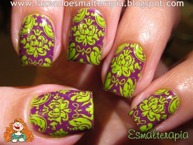 Purple &amp; Green Floral Stamping Nails