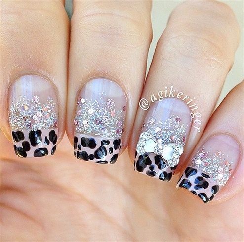 Glitter Leopard Rhinestone Bow Nails