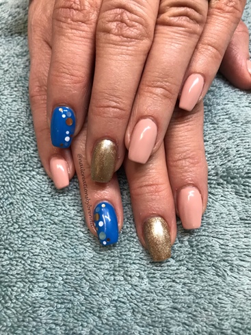 Blue and gold chunked confetti nails