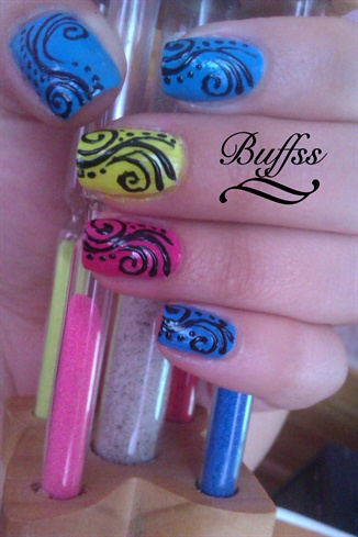 Colorful nail art with swirls