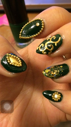 Dark Green Nails With Beads