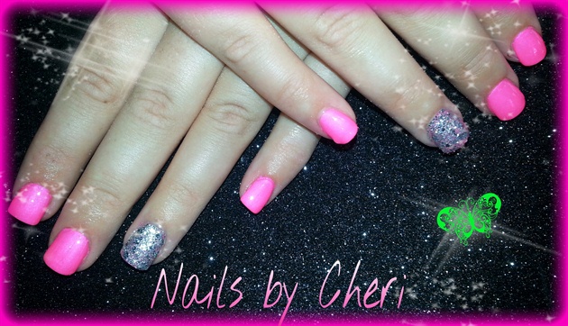 hot pink nails with silver glitter