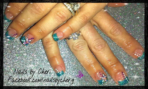 Teal glitter acrylic tips hand painted f