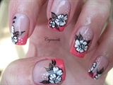 Nail art: Coral french with white flower
