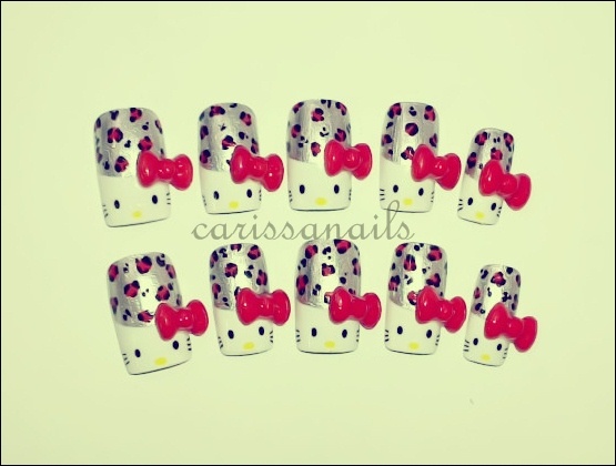 3D Red Bow Hello Kitty Leopard Nails