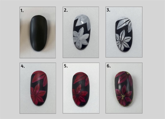 1.) Start by polishing the entire nail with your favorite black gel polish.\n2.) Pick where you want your flowers to be on the nail and mark the spot with white gel polish. This way the color you are using will pop off the black background. \n3.) Using a fine tipped art brush outline your petals and adder center lines down the petal.\n4.) Cover the white flower in the right amount red gel polish so you are able to still see your lines.\n5.) Figure out which petals you want to appear on top of the flower and use a darker shade of red to shadow and add detail to the petals.\n6.) A very sparkly gold glitter polish adds the perfect glitzy effect to the center of the flower and free edge. 